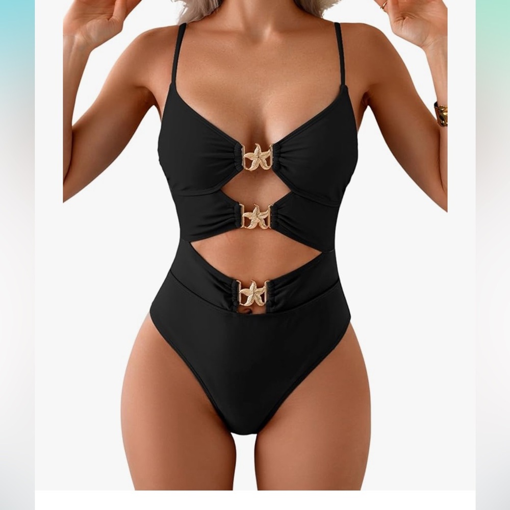 NWOT Eomenie One Piece Swimsuit black 
Bathing Suit metal starfish M